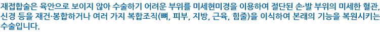 수재접합술은 육안으로 보이지 않아 수술하기 어려운 부위를 미세현미경을 이용하여 절단된 손·발 부위의 미세한 혈관, 신경 등을 재건·봉합하거나 여러 가지 복합조직(뼈, 피부, 지방, 근육, 힘줄)을 이식하여 본래의 기능을 복원시키는 수술입니다. 